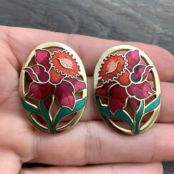 High Quality Cloisonne Jewelry - High Quality Cloisonné brand cloisonné daffodil earrings in gold tone metal